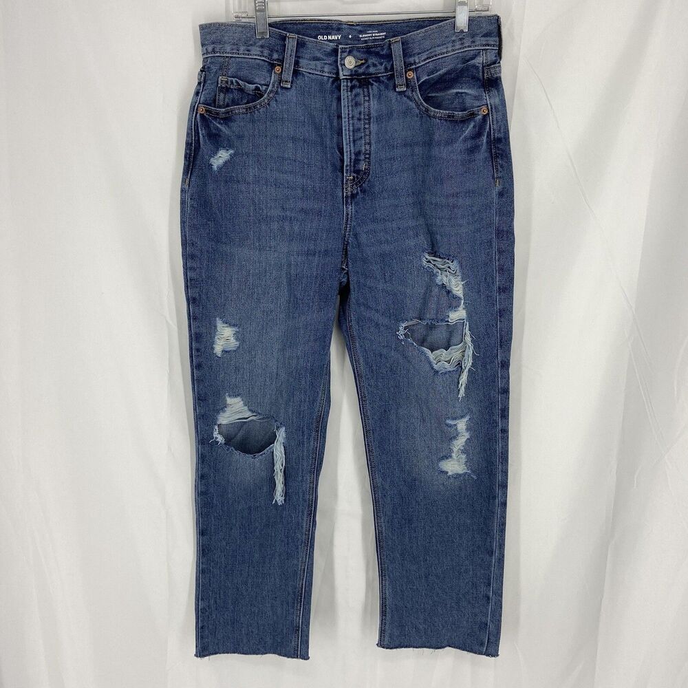 Old Navy Women's Size 6 Blue High Rise Slouchy Straight Distressed Denim Jeans